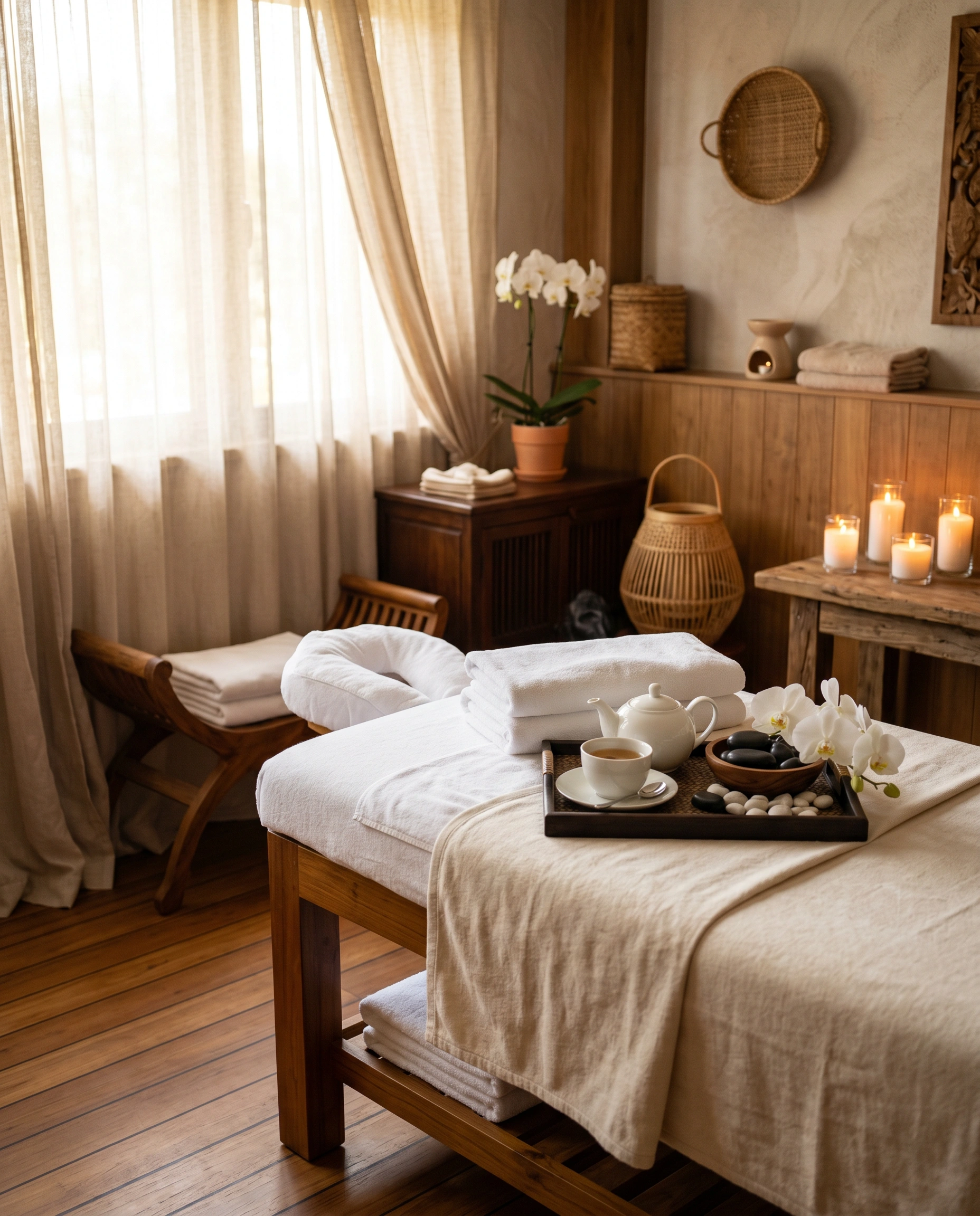 Serene behandelkamer met warm licht en kaarsen